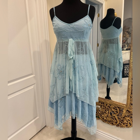 Light Blue Floral hand beaded Attitudes by Debra top and skirt set. - Picture 6 of 16